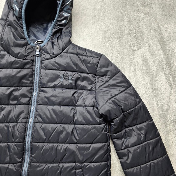 Under Armour Black Puffer Jacket Youth LG ColdGear Hooded Zip Logo - Picture 7 of 15